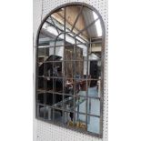 GARDEN MIRRORS, two, arched metal frame, 81cm H x 30cm.