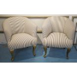 TUB CHAIRS, a pair, giltwood in ticking fabric, 64cm W.