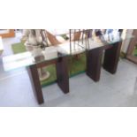 SIDE TABLES, a pair, contemporary continental style, tempered glass tops, 110cm x 40cm x 76cm.
