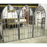 GARDEN MIRRORS, a set of three, Gothic design with zinc frames, 140cm H.