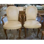 OPEN ARMCHAIRS, a pair, Queen Anne style walnut and beech in cream leather, 55cm W.