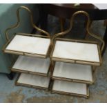 ETAGERES, a pair, gilt metal frames and marble inserts with three tiers, 85cm H x 40cm.