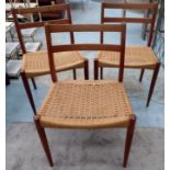 DANISH CHAIRS, six, with paper chord seat stamped Mobier, 80cm H x 42cm x 47cm W.