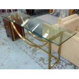 CONSOLE TABLE, the glass top on a brass base, 51cm D x 75cm H x 180cm W.