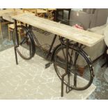 BICYCLE WINE BAR, made from re purposed bicycle, 200cm x 50cm x 98cm approx.