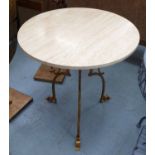 SIDE TABLE, the circular travertine top on three shaped gilt metal supports.