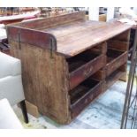 SHOP COUNTER, rustic scratch built wood shabby chic, with three drawers, 86cm D x 140cm W x 102cm H.