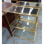 ETAGERES, a pair, gilt metal frames glass inserts, 31cm x 61cm x 61cm.