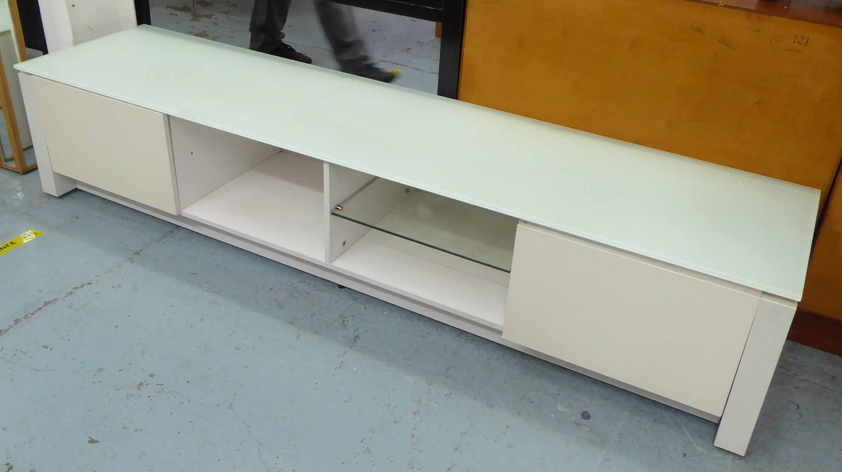 MEDIA CONSOLE, contemporary continental style, frosted glass top, 200cm x 48cm x 41cm.