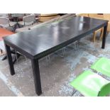 DINING TABLE, dark wood with inset panels of Asian calligraphy, extendable 230cm L x 90cm x 80cm H.