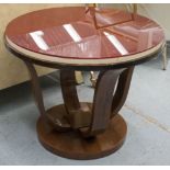 LAMP TABLE, Art Deco walnut and vellum with circular red top, 60cm H x 73cm.