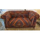 CHESTERFIELD SOFA, Victorian manner Kilim and blue velvet upholstered, on castors, 175cm W x 90cm D.