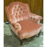 ARMCHAIR, Victorian mahogany, circa 1870, in buttoned pink velvet, 77cm x 80cm H.