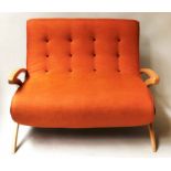 SOFA, 1960's style, two seater, deep buttoned back in orange and grey upholstery,