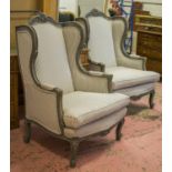 BERGERES A OREILLE, a pair, Louis XV style grey painted with seat cushions in ticking,