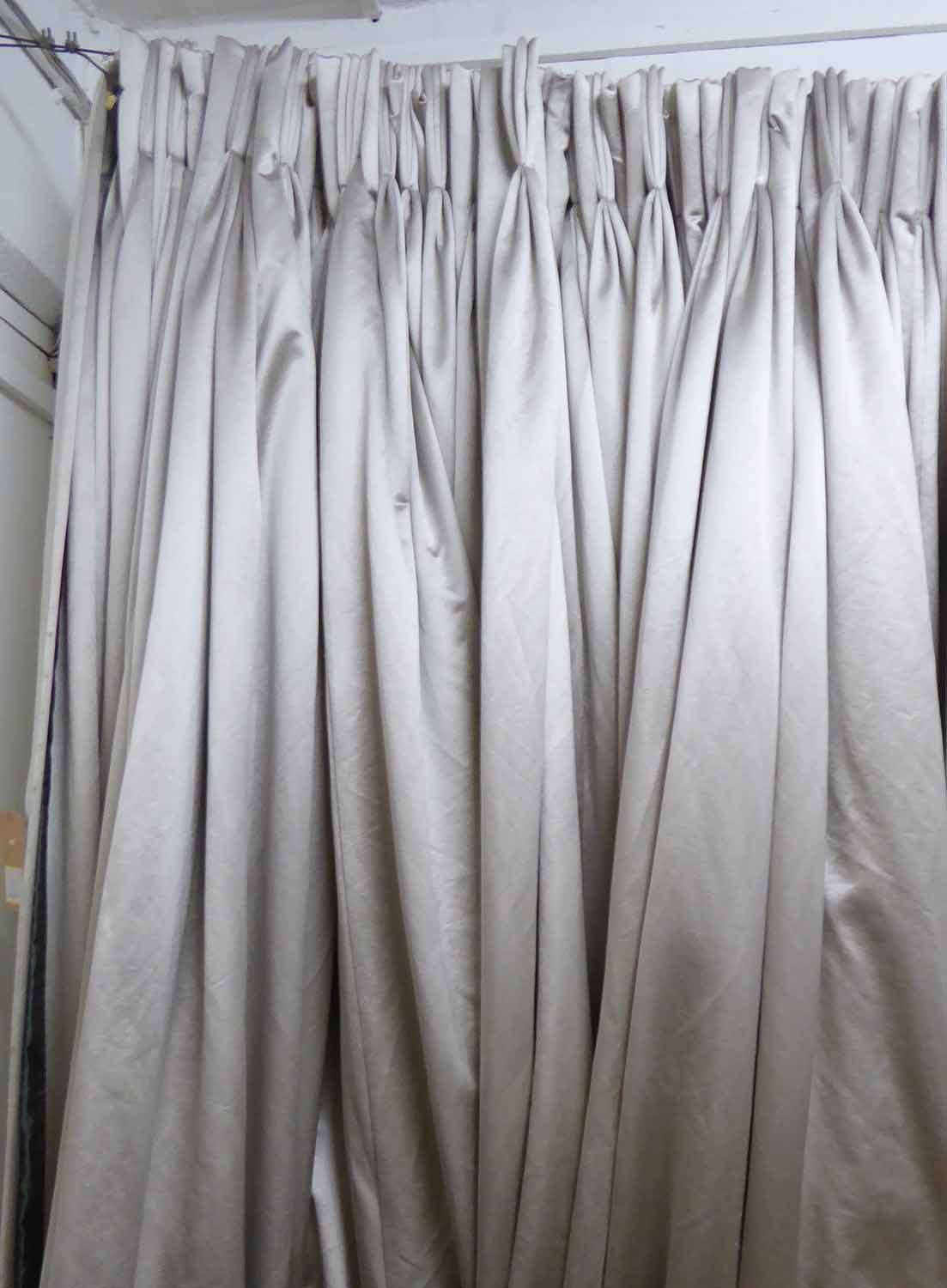 CURTAINS, a pair, grey silk with a darker grey boarder, lined and interlined,