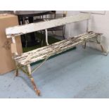GARDEN BENCH, wrought iron and weathered wood, white painted, 182cm W.