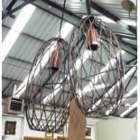 PENDANT LIGHTS, a pair, 1960's Italian style cage design, 120cm Drop.