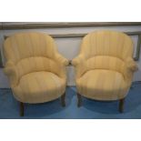 TUB CHAIRS, a pair, beechwood in striped cream fabric, 69cm W.