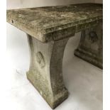'STONE' GARDEN TABLE, well weathered reconstituted stone, rectangular moulded edge,