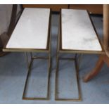 SIDE TABLES, two, contemporary gilt metal frames white marble inserts, 46cm W x 21.5cm D x 58cm H.