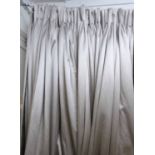 CURTAINS, a pair, grey silk with a darker grey boarder, lined and interlined,