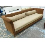 SOFA, contemporary brown suede and fabric upholstery, 270cm x 93cm x 83cm (slight faults).