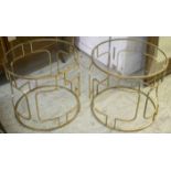 OCCASIONAL TABLES, a pair, contemporary gilt metal with circular glass tops, 45cm x 50cm H.