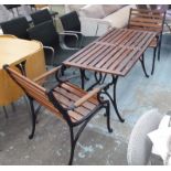 GARDEN TABLE, 139cm x 67cm x 65cm H and two iron chairs 62cm x 40cm x 85cm H.