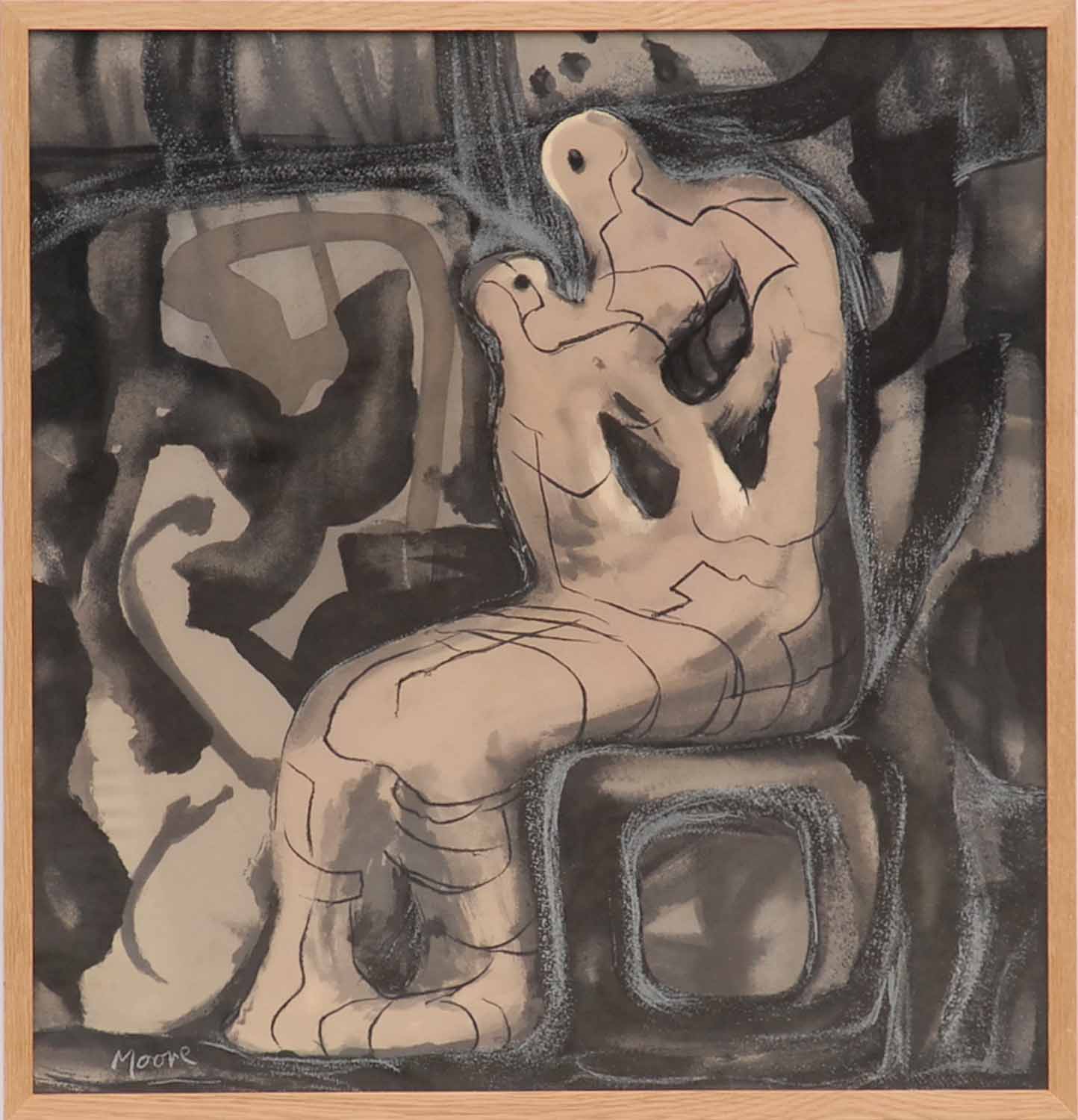 HENRY MOORE 'Mother and Child' printed on silk, 78cm H x 74cm.