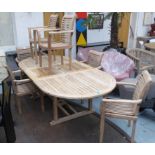 GARDEN TABLE, teak with rounded ends and fold away centre leaf 75cm H xc 120cm x 180cm L,