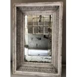 ARCHITECTURAL WALL MIRROR, grey painted and gesso moulded rectangular with deep egg,