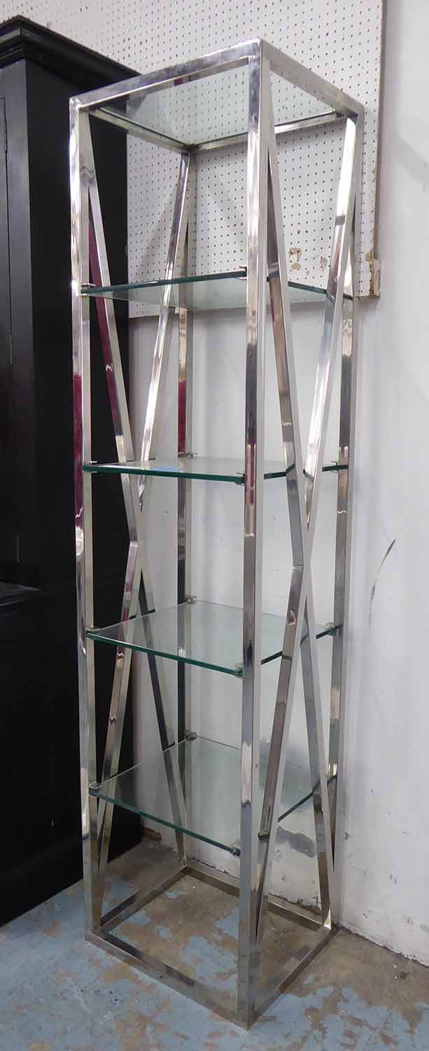 X FRAME DISPLAY SHELVES, of narrow proportions and framed design, 45cm x 36cm x 178cm.