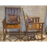 ROCKING CHAIRS, a pair, Cotswold school manner mahogany and oak with loose kilim cushions, 58cm W.