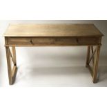 WRITING TABLE, Oka style oak, with two frieze drawers and stretchered square supports,