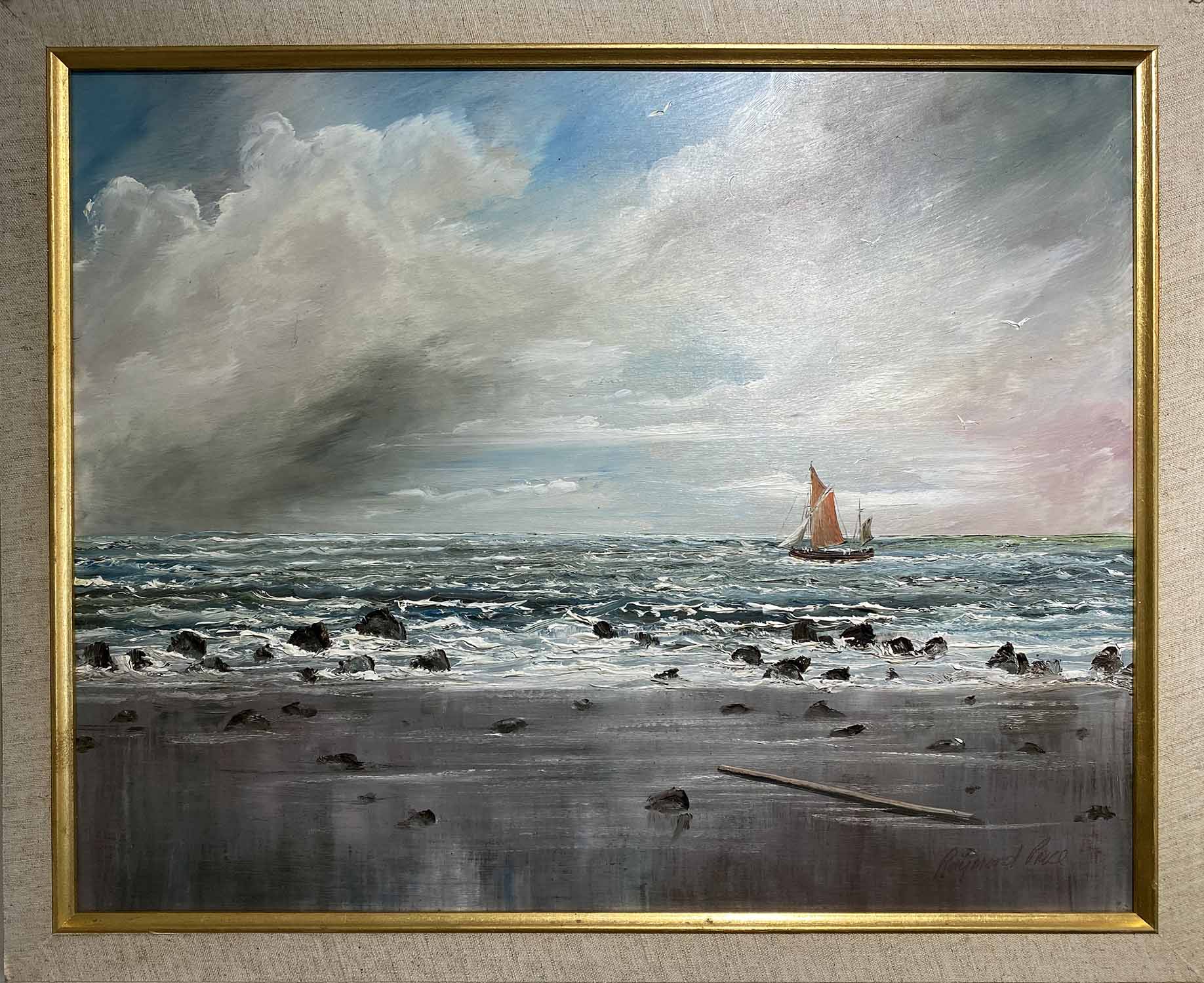 RAYMOND PRICE (20th century British) 'Marine scene', oil on board, framed. 49cm x 39cm.