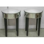 SIDE TABLES, a pair, ebonised and mirrored of circular form with a single drawer, 61cm H x 46cm.