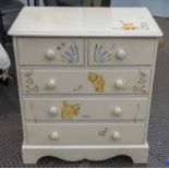 CHILDS CHEST, cream of five drawers with painted teddy bears, 77cm H x 70cm x 42cm.