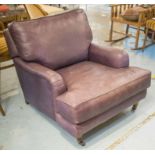 ARMCHAIR, purple leather with back and seat cushion on castors, 85cm W.