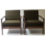 ARMCHAIRS, a pair, 1970's Danish teak with patent spring supports and tweed upholstery.
