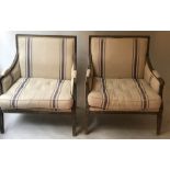 BERGERES, a pair, French Provincial style, limed grey oak framed and broad blue ticking upholstery.