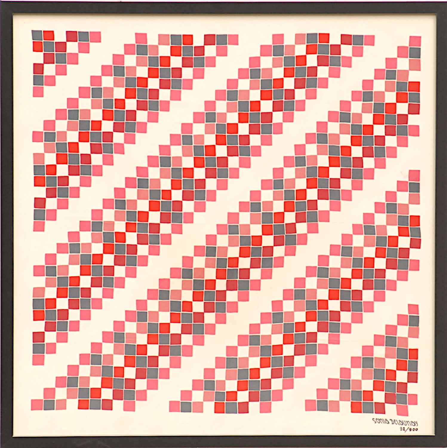 SONIA DELAUNAY 'Abstract' on silk, numbered in plate 32/900, 73cm x 73cm.