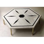 COFFEE TABLE, 1970's octagonal white marble with stellar inset top and gilt metal supports,