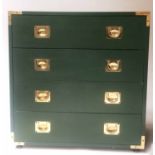 CAMPAIGN STYLE CHEST, 1970's green painted and brass bound with four long drawers,