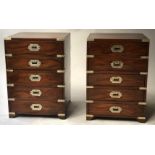 CAMPAIGN STYLE BEDSIDE CHESTS, a pair, teak and brass bound each with five drawers,