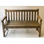 GARDEN BENCH, weathered teak of slatted construction, 120cm W.