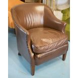 TUB CHAIR, studded brown leather with cushion seat, 65cm W.