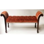 WINDOW SEAT, George III design mahogany with deep button velvet upholstered seat and scroll arms,