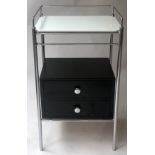 SIDE TABLE, mid 20th century chrome framed with white glass shelf above two black drawers,