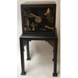 CABINET ON STAND, 18th century style Chinese black lacquer with incised gilt, green,